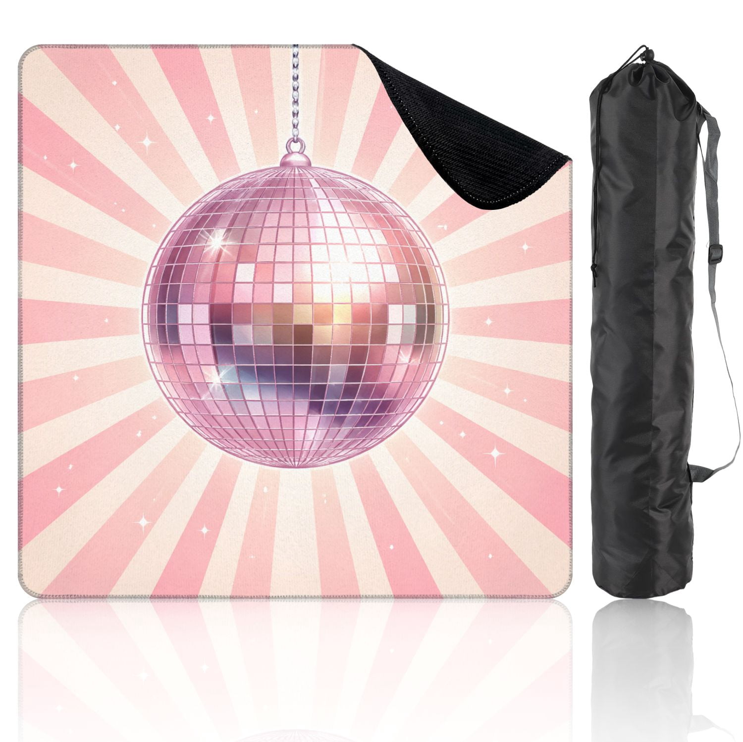 Mahjong Mat 31.5" x 31.5" Pink Sparkling Disco Ball Retro Sunburst Non-Slip Noise Reduction Mahjong Tiles Table Cover for Dominoes Poker Card Board and Tile Games