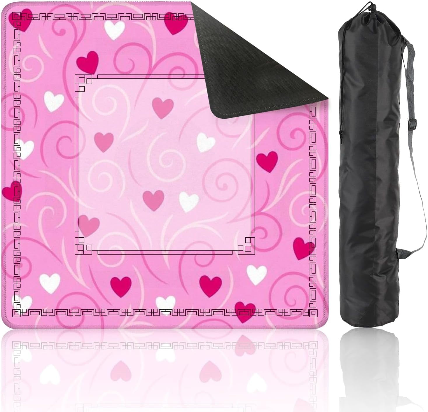 Mahjong Mat 31.5" x 31.5" Pink Swirls Hearts White Dark Red Accents Non-Slip Noise Reduction Mahjong Tiles Table Cover for Dominoes Poker Card Board and Tile Games
