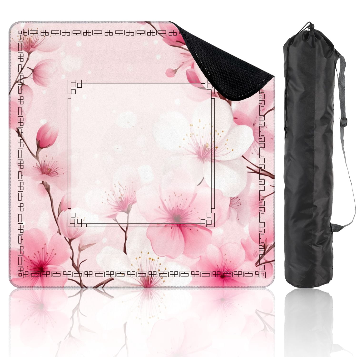 Mahjong Mat 31.5" x 31.5" Pink White Cherry Blossom Soft Non-Slip Noise Reduction American Mahjong Tiles Table Cover for Dominoes Poker Card Board Games Gift