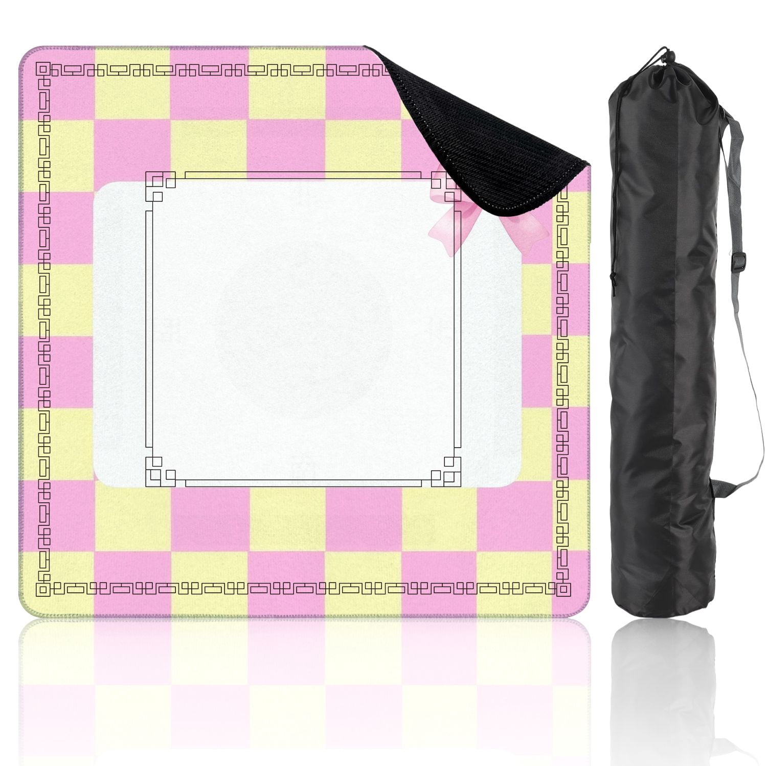 Mahjong Mat 31.5" x 31.5" Pink Yellow Checkered Decorative Bow Frame Non-Slip Noise Reduction American Mahjong Tiles Table Cover for Dominoes Poker Card Board Games Gift