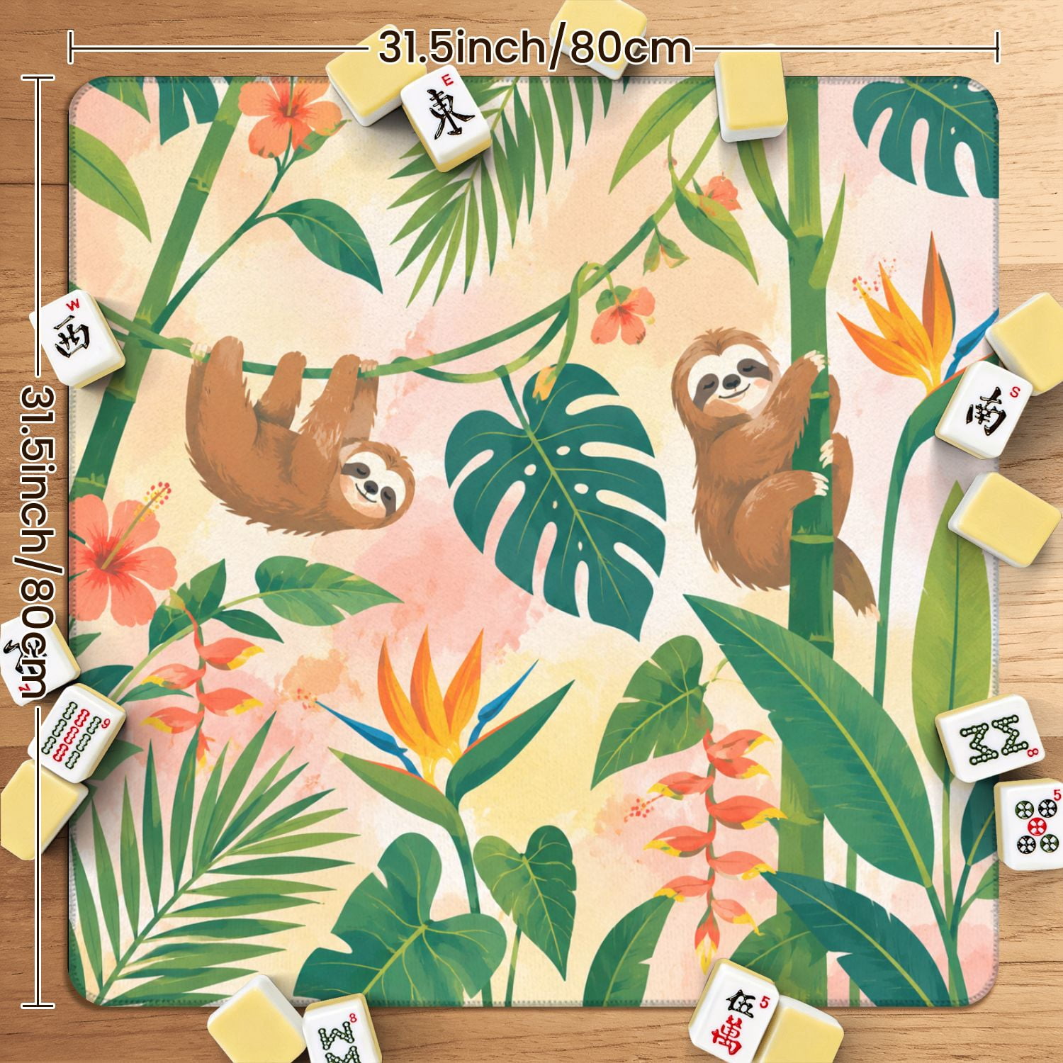 Mahjong Mat 31.5" x 31.5" Playful Lemurs Tropical Jungle Watercolor Palm Trees Flowers Non-Slip Noise Reduction American Mahjong Tiles Table Cover for Dominoes Poker Card Board Games Gift