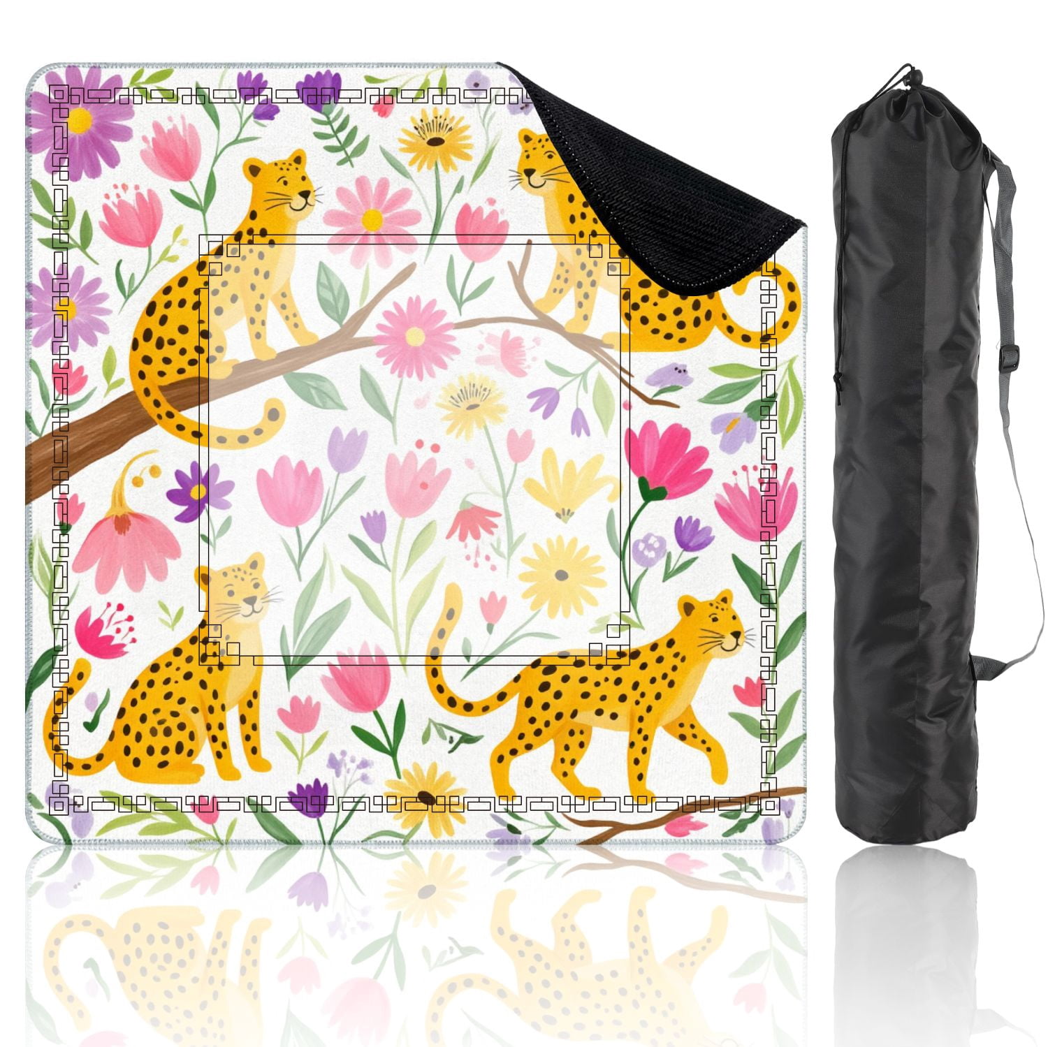 Mahjong Mat 31.5" x 31.5" Playful Leopards Among Colorful Flowers Vibrant Nature Non-Slip Noise Reduction American Mahjong Tiles Table Cover for Dominoes Poker Card Board Games Gift