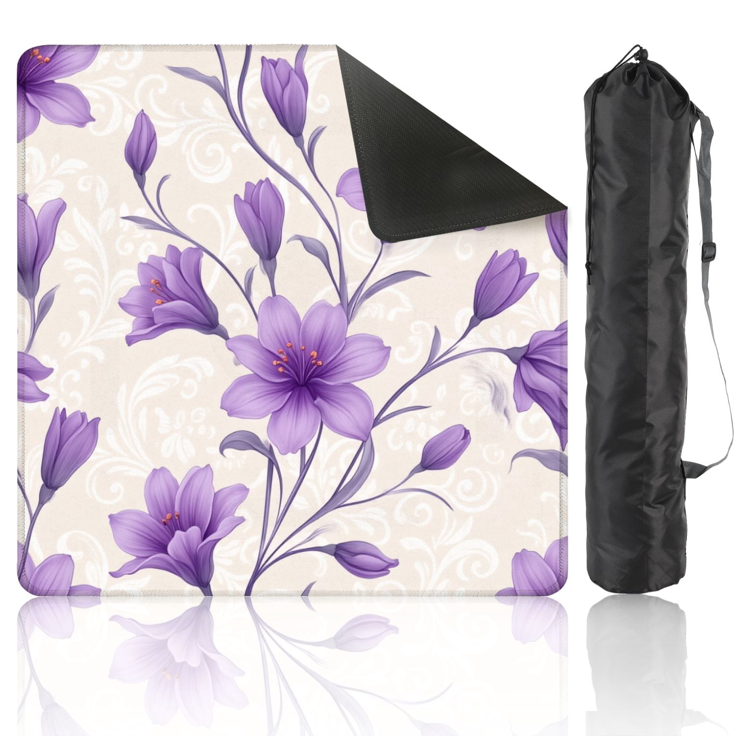 Mahjong Mat 31.5" x 31.5" Purple Floral Elegant Swirls Beige Non-Slip Noise Reduction American Mahjong Tiles Table Cover for Dominoes Poker Card Board Games Gift