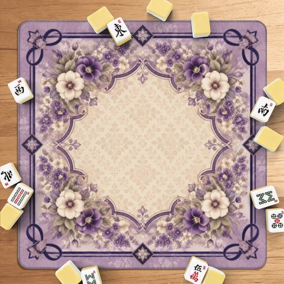 Mahjong Mat 31.5" x 31.5" Purple Floral Frame Vintage Decorative Border Elegant Non-Slip Noise Reduction American Mahjong Tiles Table Cover for Dominoes Poker Card Board Games Gift