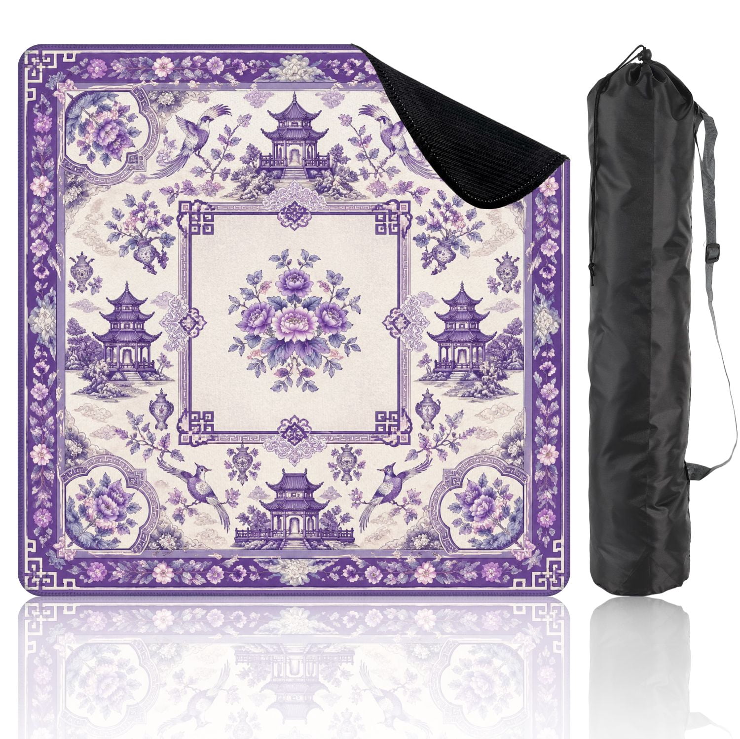 Mahjong Mat 31.5" x 31.5" Purple Floral Oriental Pagodas Birds Decorative Borders Non-Slip Noise Reduction Mahjong Tiles Table Cover for Dominoes Poker Card Board and Tile Games