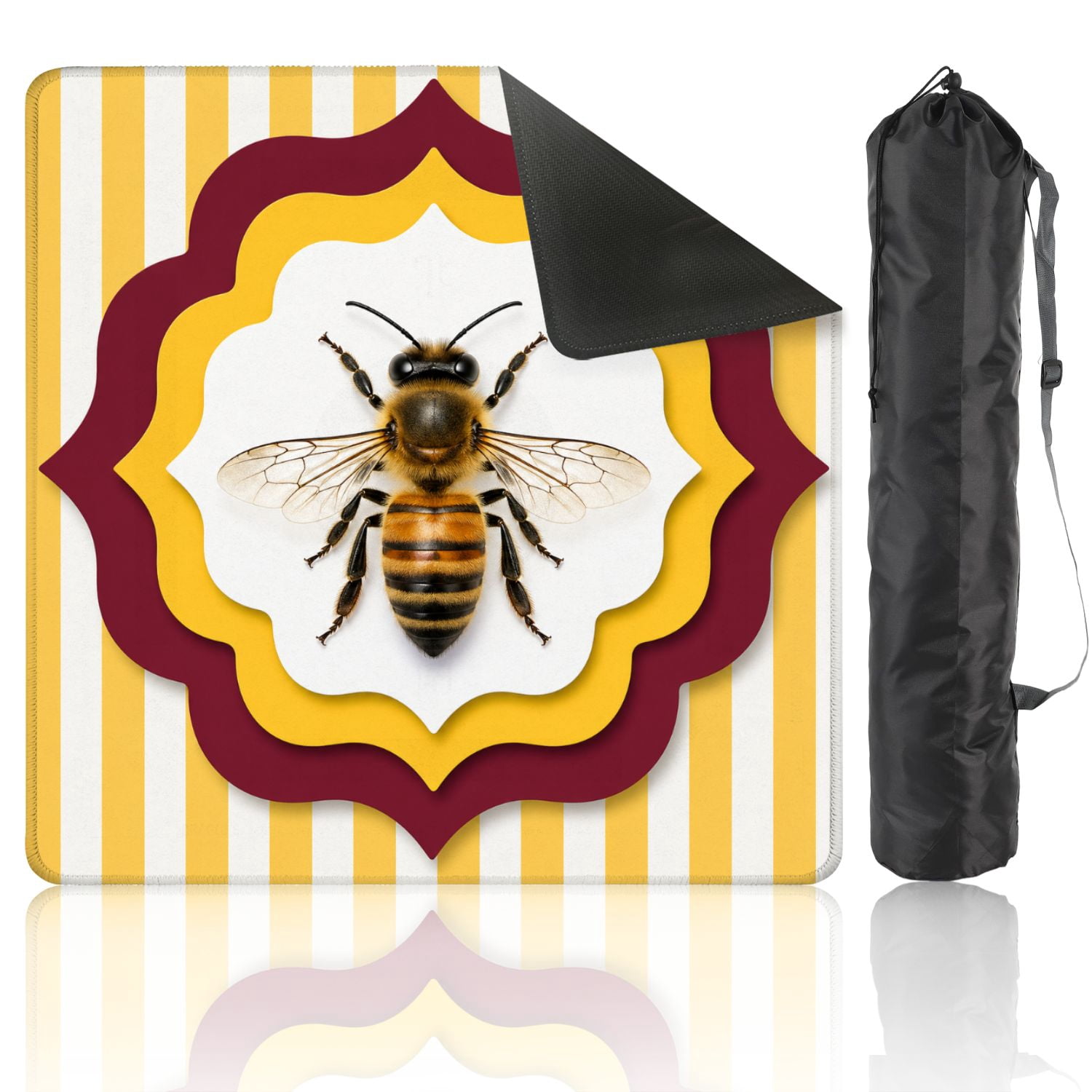 Mahjong Mat 31.5" x 31.5" Realistic Honey Bee Layered Geometric Yellow Maroon Accents Non-Slip Noise Reduction American Mahjong Tiles Table Cover for Dominoes Poker Card Board Games Gift