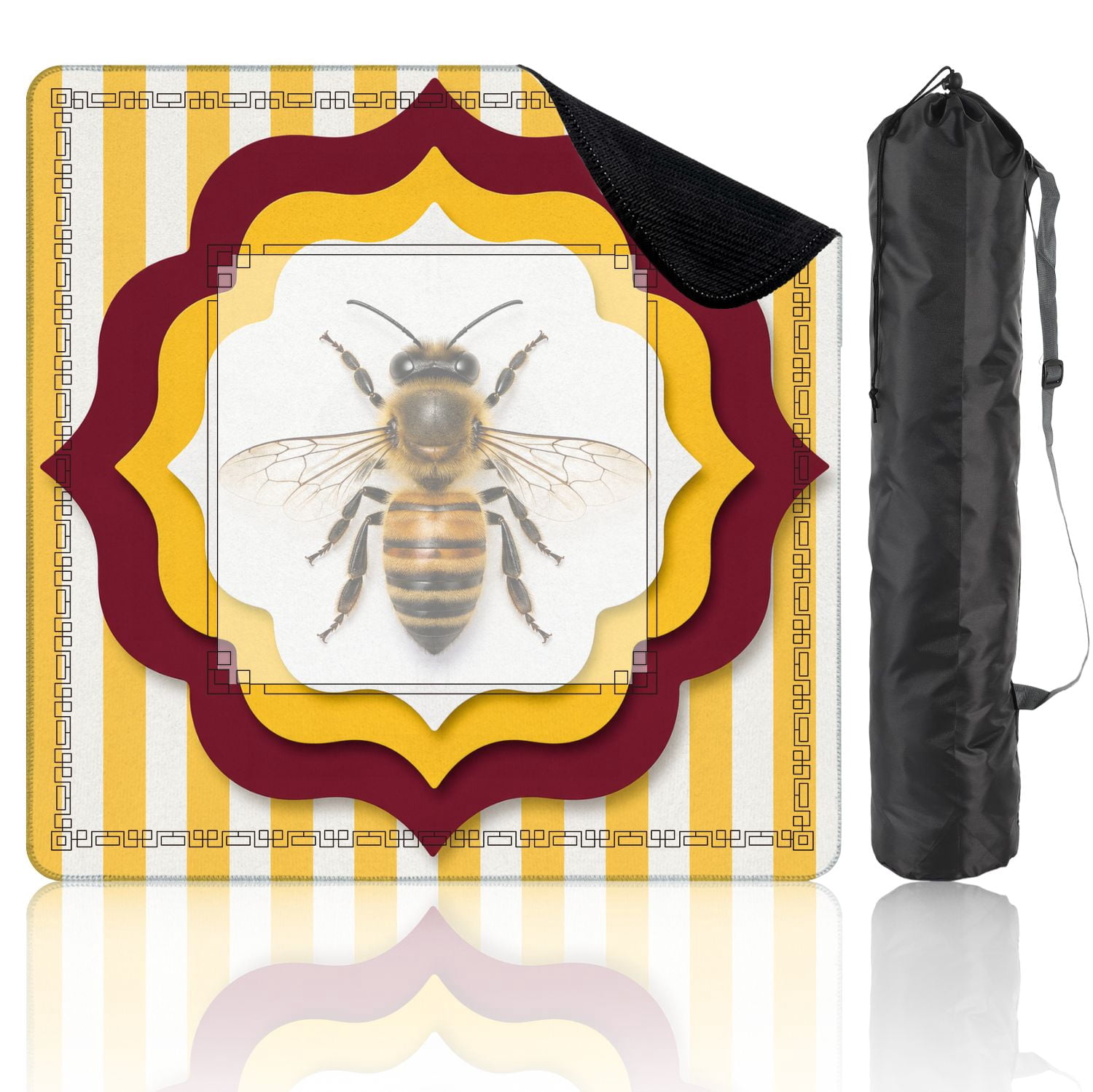 Mahjong Mat 31.5" x 31.5" Realistic Honey Bee Layered Geometric Yellow Maroon Accents Non-Slip Noise Reduction American Mahjong Tiles Table Cover for Dominoes Poker Card Board Games Gift
