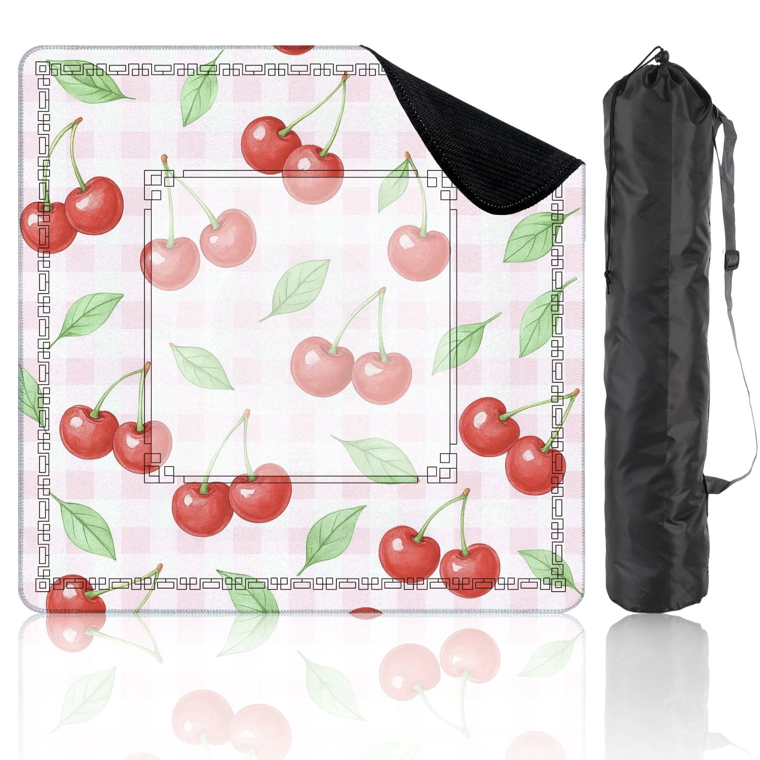 Mahjong Mat 31.5" x 31.5" Red Cherries Green Leaves Pink Gingham Non-Slip Noise Reduction American Mahjong Tiles Table Cover for Dominoes Poker Card Board Games Gift