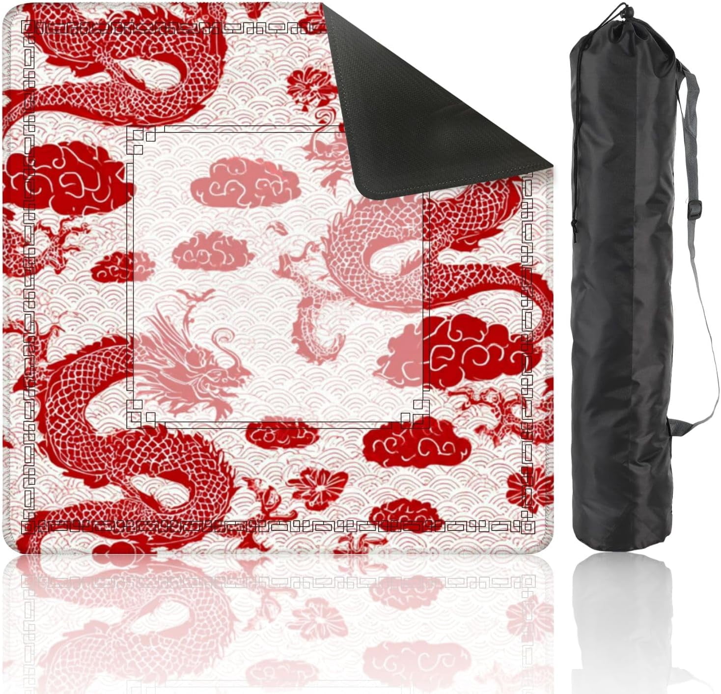 Mahjong Mat 31.5" x 31.5" Red Chinese Dragon Clouds Waves Non-Slip Noise Reduction Mahjong Tiles Table Cover for Dominoes Poker Card Board and Tile Games