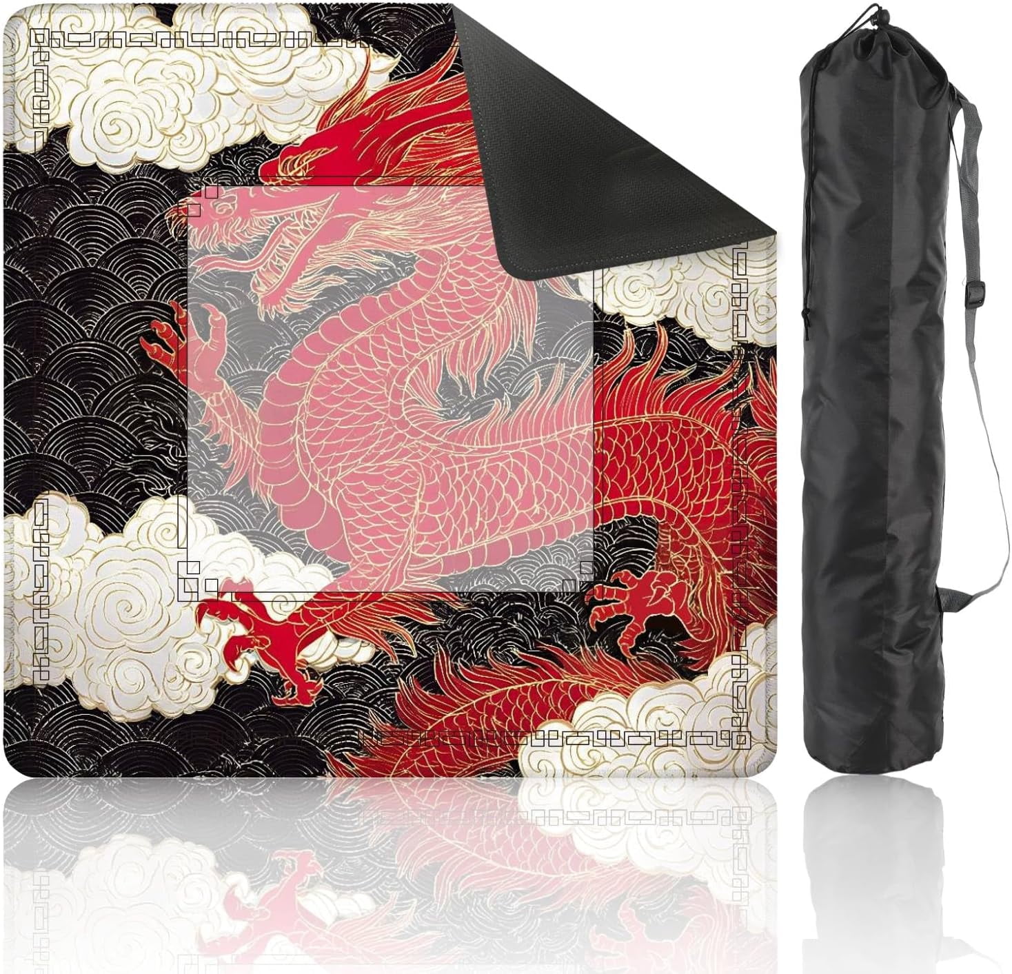 Mahjong Mat 31.5" x 31.5" Red Chinese Dragon Fiery Style Black Non-Slip Noise Reduction Mahjong Tiles Table Cover for Dominoes Poker Card Board and Tile Games