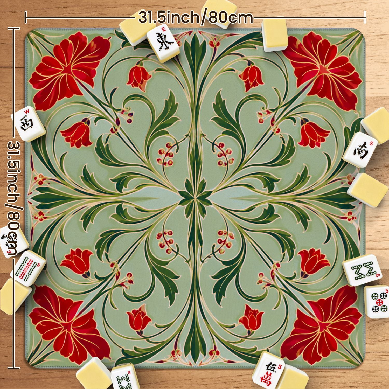 Mahjong Mat 31.5" x 31.5" Red Floral Green Swirling Leaves Soft Non-Slip Noise Reduction American Mahjong Tiles Table Cover for Dominoes Poker Card Board Games Gift