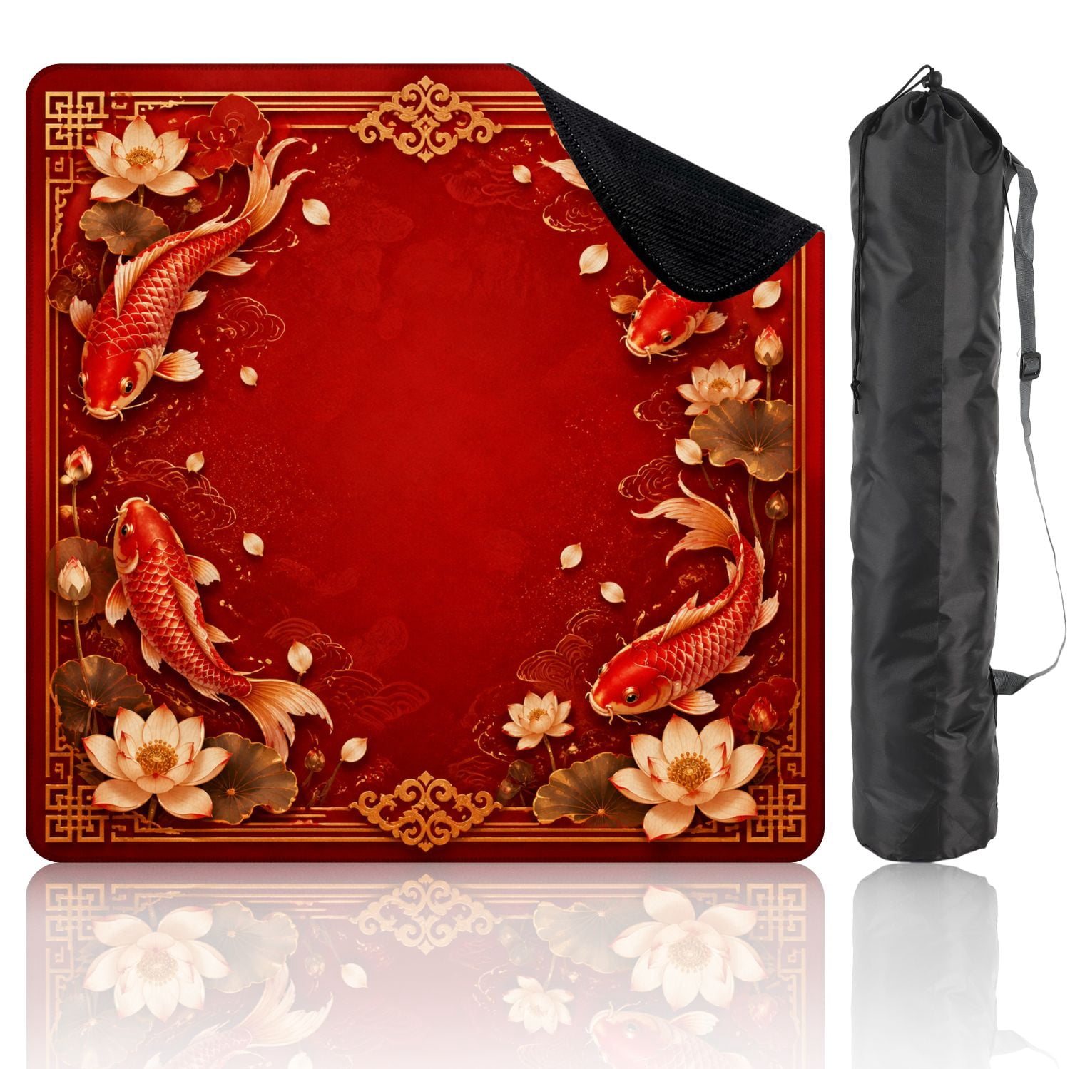 Mahjong Mat 31.5" x 31.5" Red Gold Fish Lotus Flowers Non-Slip Noise Reduction Mahjong Tiles Table Cover for Dominoes Poker Card Board and Tile Games