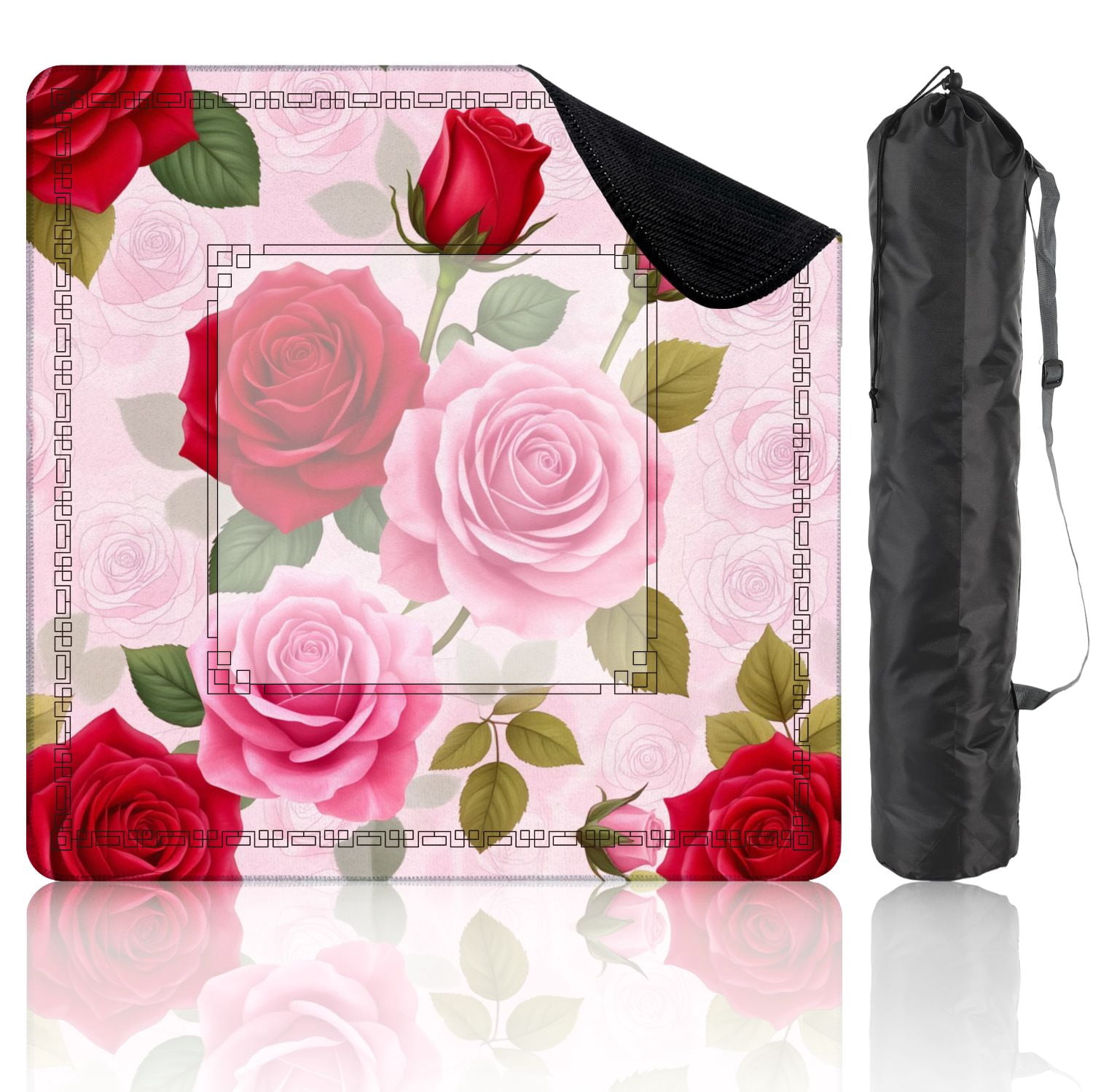 Mahjong Mat 31.5" x 31.5" Red Pink Roses Floral Green Leaves Soft Pink Non-Slip Noise Reduction American Mahjong Tiles Table Cover for Dominoes Poker Card Board Games Gift