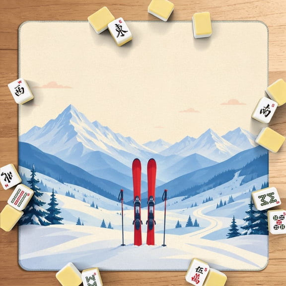 Mahjong Mat 31.5" x 31.5" Red Skis Poles Snowy Alpine Mountains Pine Trees Winding Trail Non-Slip Noise Reduction American Mahjong Tiles Table Cover for Dominoes Poker Card Board Games Gift