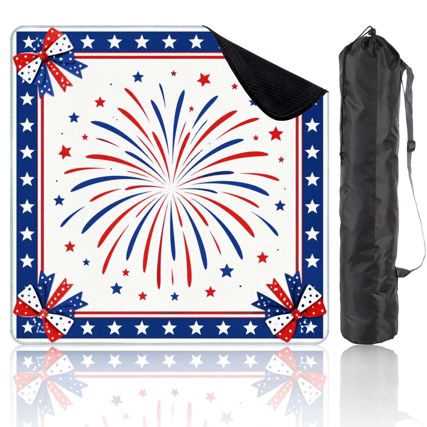Mahjong Mat 31.5" x 31.5" Red White Blue Patriotic Fireworks Star Border Decorative Bows Non-Slip Noise Reduction Mahjong Tiles Table Cover for Dominoes Poker Card Board and Tile Games
