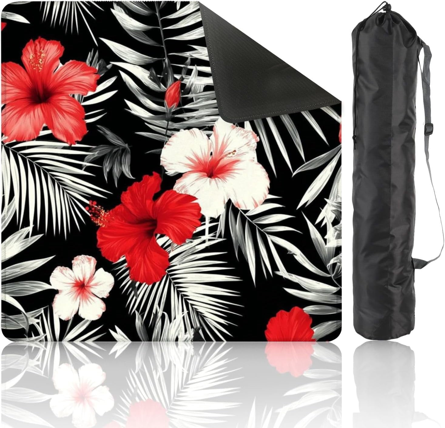 Mahjong Mat 31.5" x 31.5" Red White Hibiscus Flowers Black White Leaves Seamless Beach Non-Slip Noise Reduction Mahjong Tiles Table Cover for Dominoes Poker Card Board and Tile Games