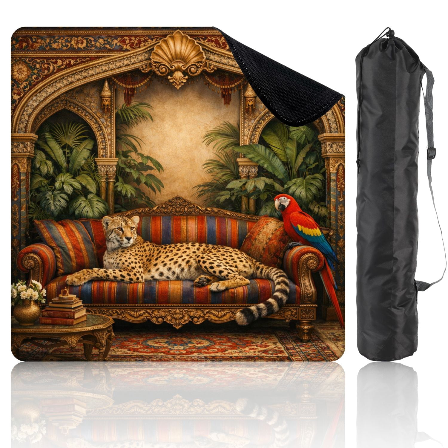 Mahjong Mat 31.5" x 31.5" Regal Cheetah Ornate Sofa Vibrant Parrot Greenery Non-Slip Noise Reduction Mahjong Tiles Table Cover for Dominoes Poker Card Board and Tile Games
