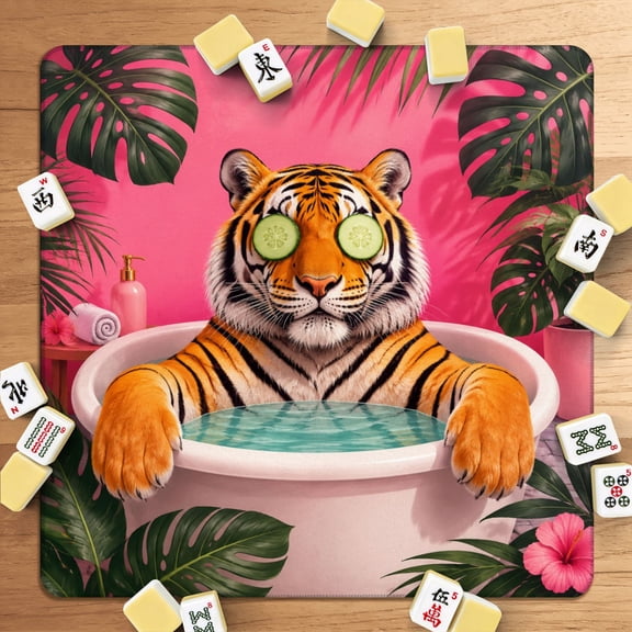 Mahjong Mat 31.5" x 31.5" Relaxing Tiger Bathtub Cucumber Eye Masks Tropical Spa Setting Pink Non-Slip Noise Reduction American Mahjong Tiles Table Cover for Dominoes Poker Card Board Games Gift