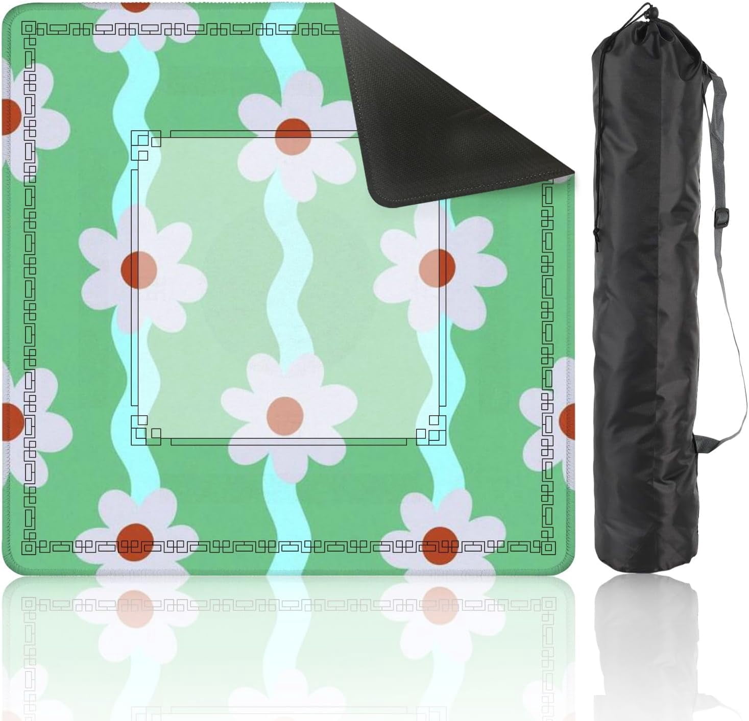 Mahjong Mat 31.5" x 31.5" Retro Daisy Flower Wavy Stripes Green Pastel Colors Non-Slip Noise Reduction Mahjong Tiles Table Cover for Dominoes Poker Card Board and Tile Games