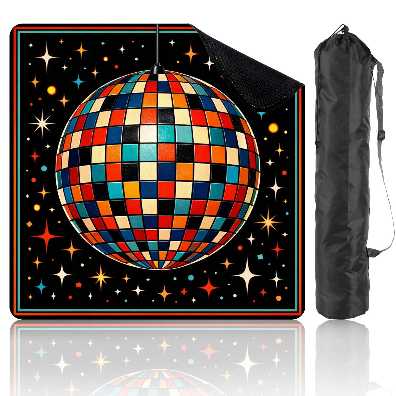 Mahjong Mat 31.5" x 31.5" Retro Disco Ball Colorful Geometric Tiles Sparkling Stars Non-Slip Noise Reduction Mahjong Tiles Table Cover for Dominoes Poker Card Board and Tile Games