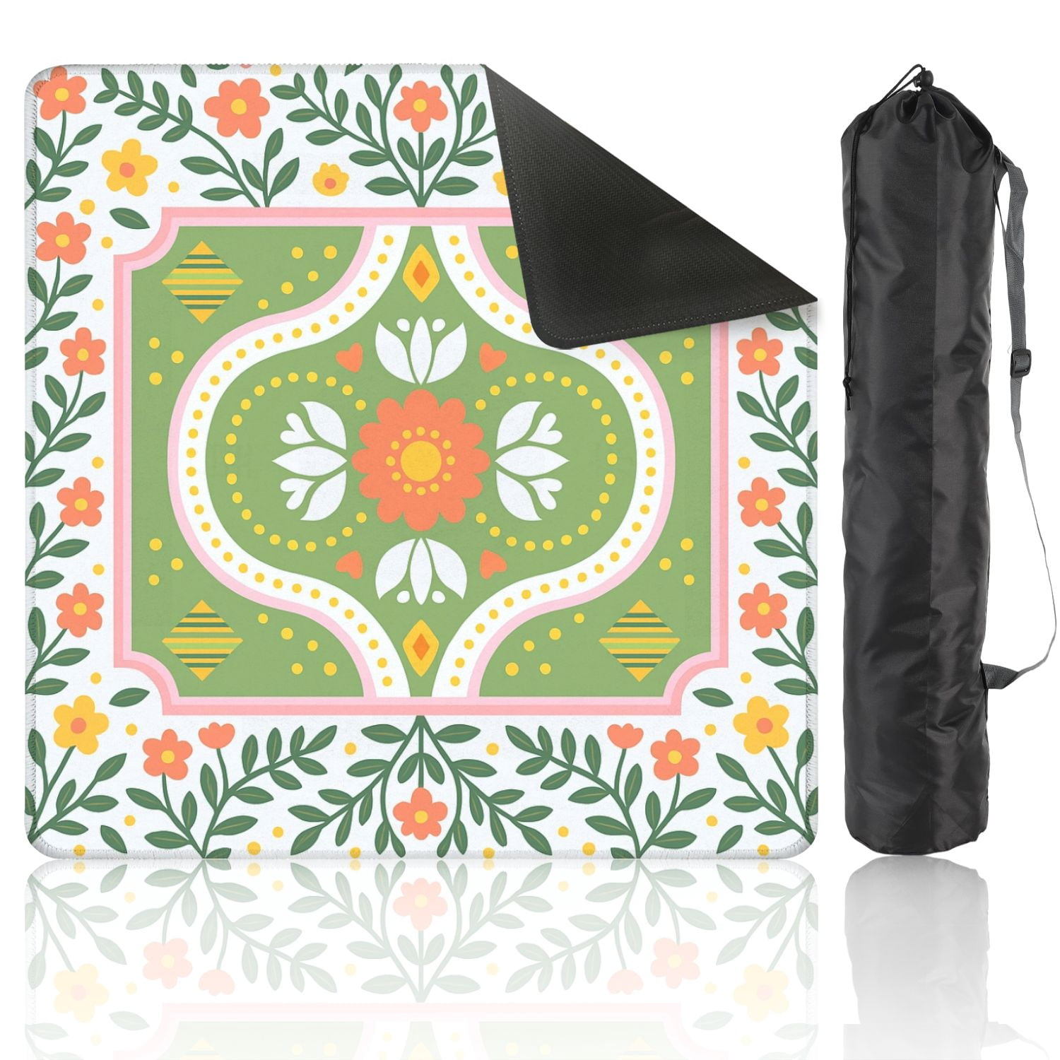 Mahjong Mat 31.5" x 31.5" Retro Floral Folk Art Green Coral Tones Anti-Slip and Noise Reduction Symmetry Design Mahjong Tiles Table Cover for Dominoes Poker Card Board and Tile Games