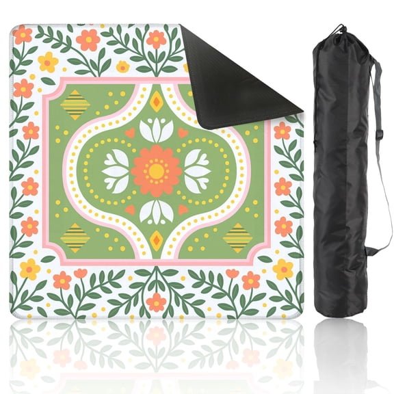 Mahjong Mat 31.5" x 31.5" Retro Floral Folk Art Green Coral Tones Anti-Slip and Noise Reduction Symmetry Design Mahjong Tiles Table Cover for Dominoes Poker Card Board and Tile Games