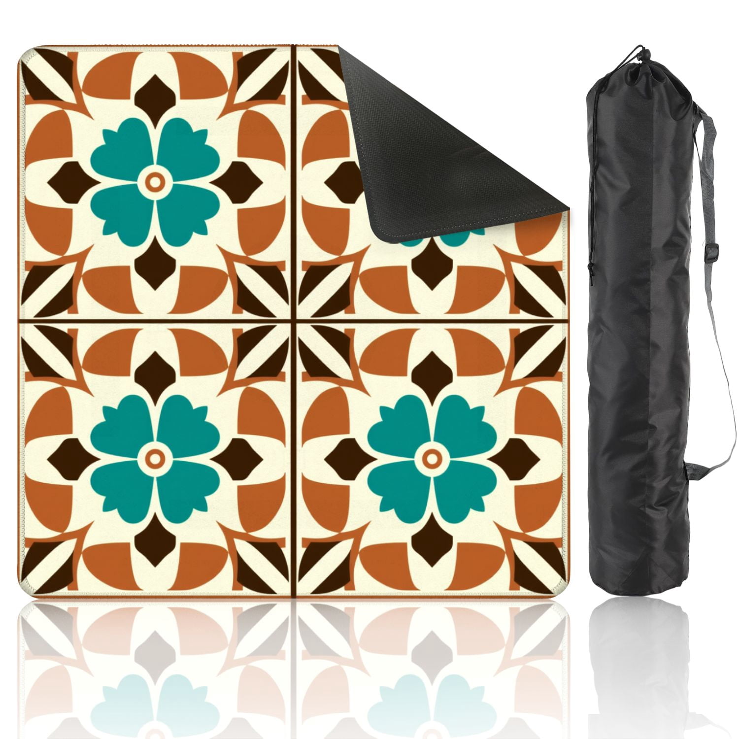 Mahjong Mat 31.5" x 31.5" Retro Floral Geometric Teal Brown Accents Non-Slip Noise Reduction American Mahjong Tiles Table Cover for Dominoes Poker Card Board Games Gift