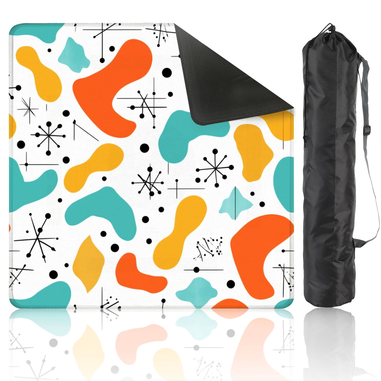 Mahjong Mat 31.5" x 31.5" Retro Mid Century Abstract Vibrant Shapes Black Line Elements Non-Slip Noise Reduction American Mahjong Tiles Table Cover for Dominoes Poker Card Board Games Gift