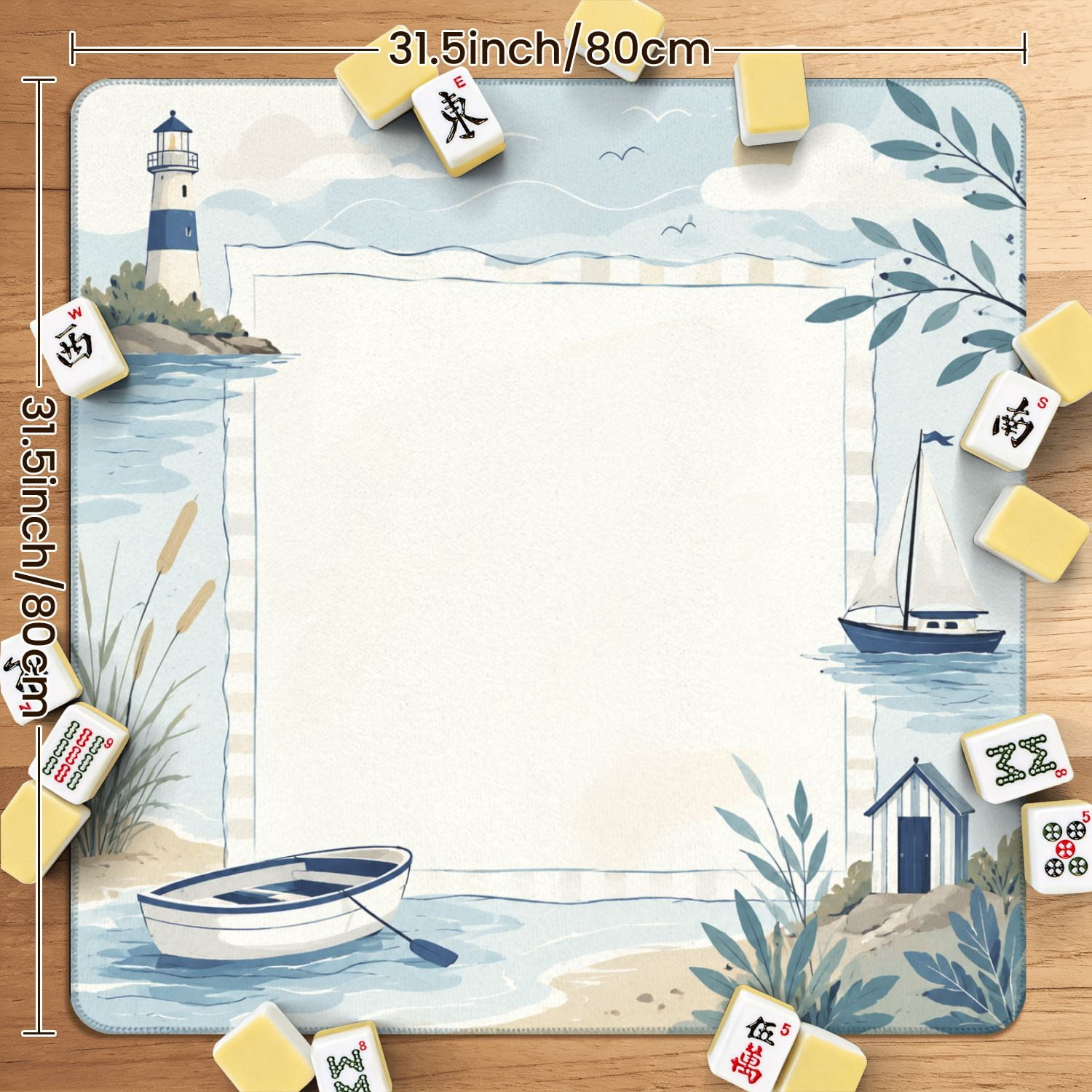 Mahjong Mat 31.5" x 31.5" Sailboats Lighthouse Nautical Watercolor Soft Blue Beige Tones Non-Slip Noise Reduction American Mahjong Tiles Table Cover for Dominoes Poker Card Board Games Gift