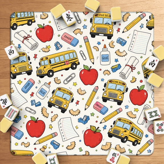 Mahjong Mat 31.5" x 31.5" School Bus Classroom Supplies Apples Pencils Paper Erasers Glue Hand Non-Slip Noise Reduction American Mahjong Tiles Table Cover for Dominoes Poker Card Board Games Gift