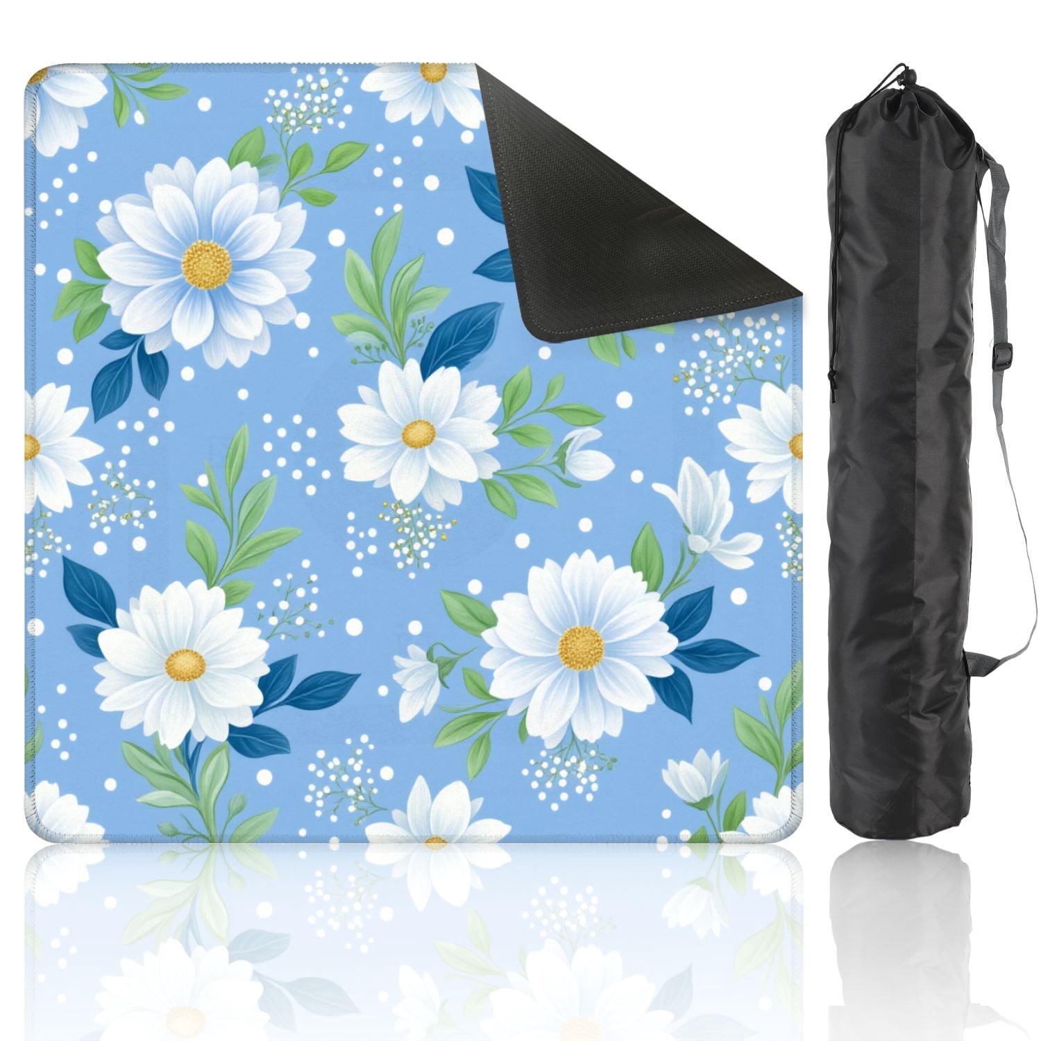 Mahjong Mat 31.5" x 31.5" Seamless Blue Floral White Daisies Green Leaves Non-Slip Noise Reduction American Mahjong Tiles Table Cover for Dominoes Poker Card Board Games Gift