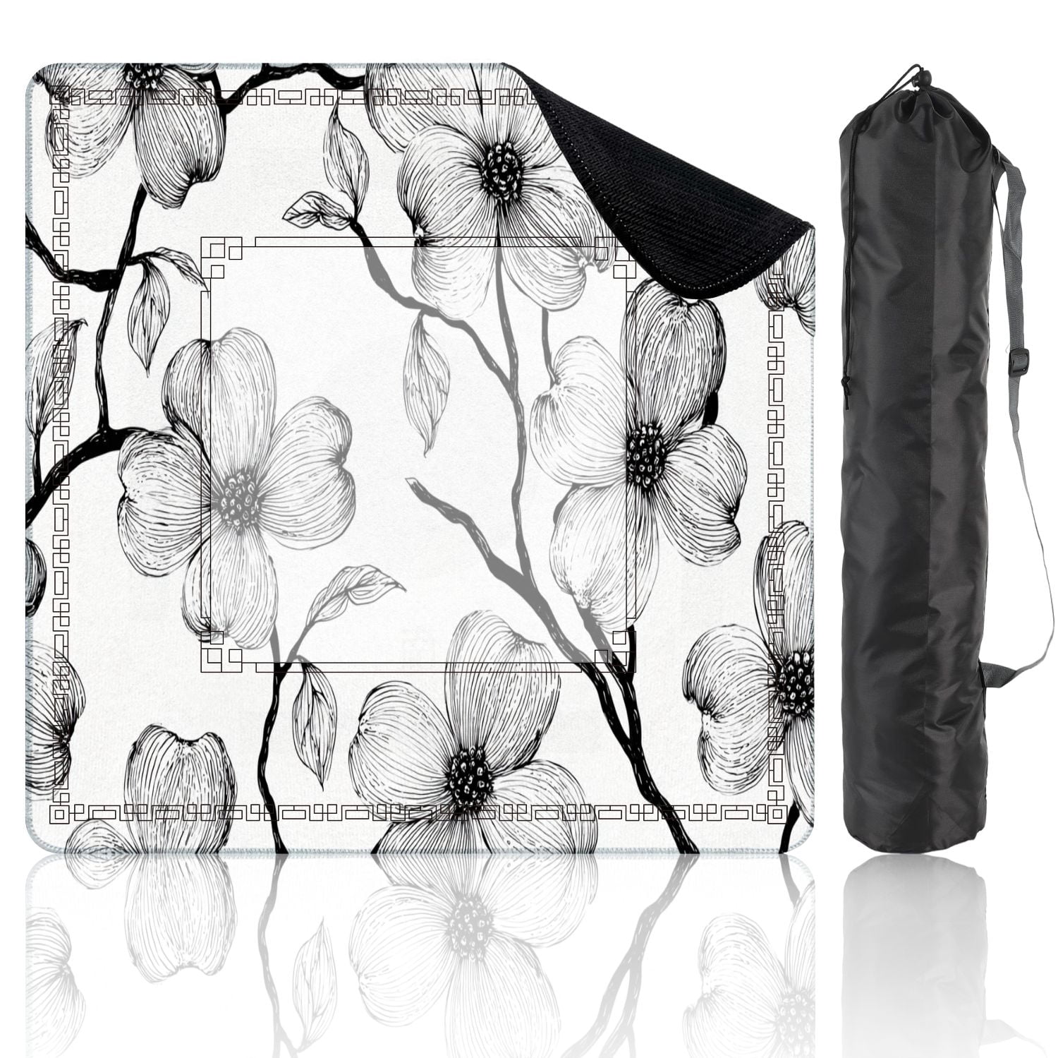 Mahjong Mat 31.5" x 31.5" Seamless Dogwood flower Black white Non-Slip Noise Reduction American Mahjong Tiles Table Cover for Dominoes Poker Card Board Games Gift