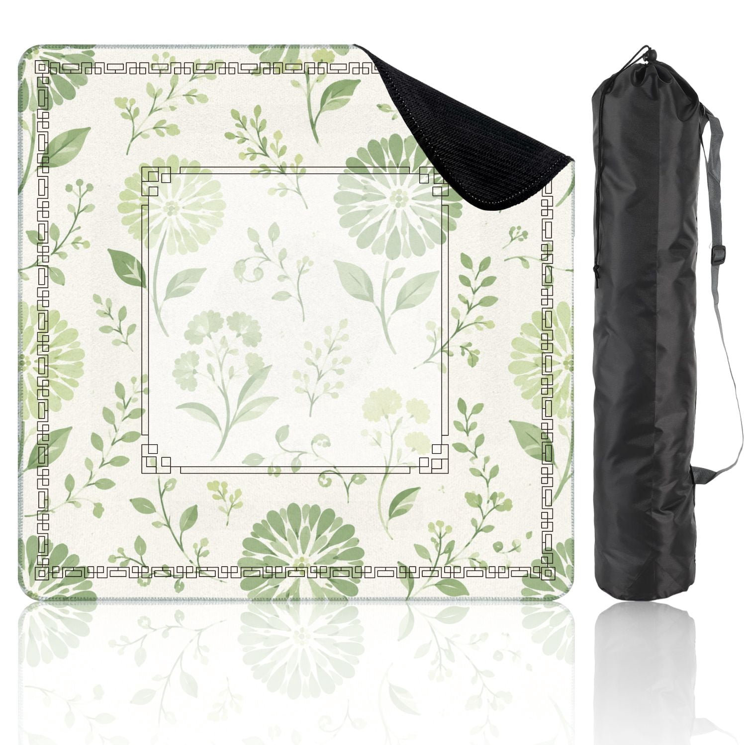Mahjong Mat 31.5" x 31.5" Seamless Green Floral Botanical Elements Light Non-Slip Noise Reduction American Mahjong Tiles Table Cover for Dominoes Poker Card Board Games Gift