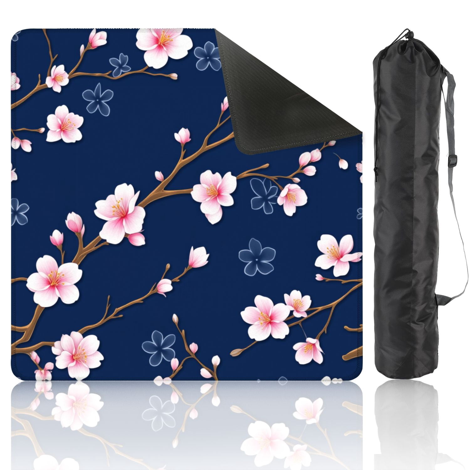 Mahjong Mat 31.5" x 31.5" Seamless Pink Cherry Blossom Branches Dark Blue Non-Slip Noise Reduction American Mahjong Tiles Table Cover for Dominoes Poker Card Board Games Gift