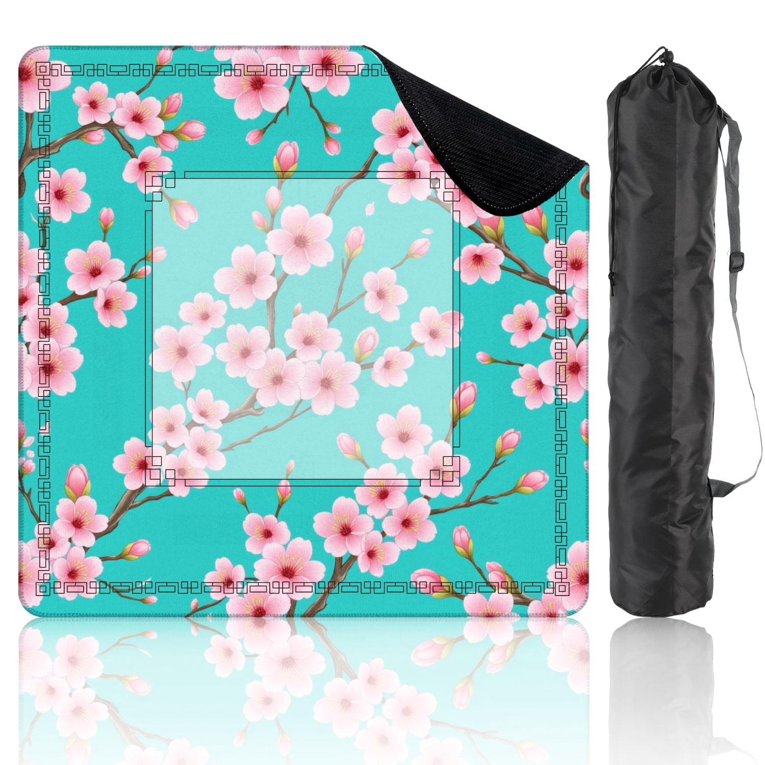 Mahjong Mat 31.5" x 31.5" Seamless Pink Cherry Blossoms Turquoise Non-Slip Noise Reduction American Mahjong Tiles Table Cover for Dominoes Poker Card Board Games Gift