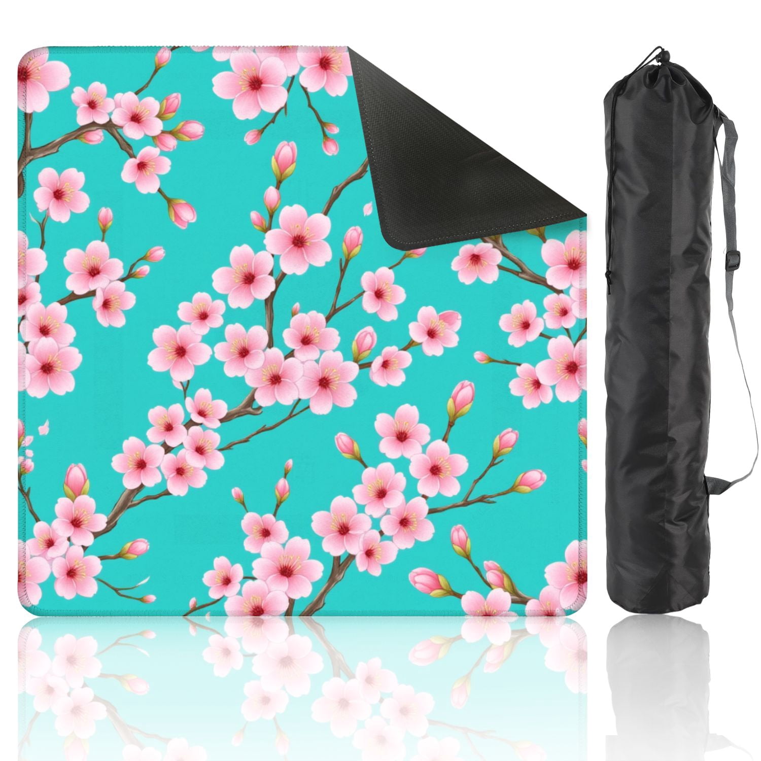 Mahjong Mat 31.5" x 31.5" Seamless Pink Cherry Blossoms Turquoise Non-Slip Noise Reduction American Mahjong Tiles Table Cover for Dominoes Poker Card Board Games Gift