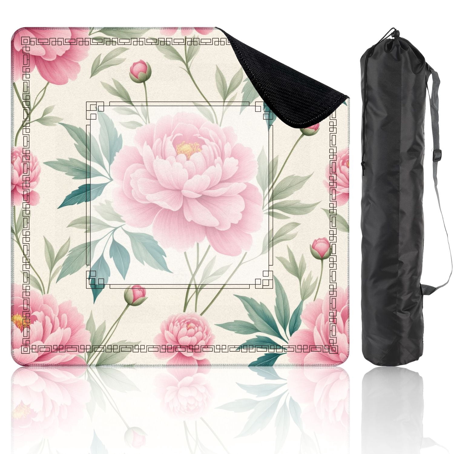 Mahjong Mat 31.5" x 31.5" Seamless Pink Peony Floral Green Leaves Light Non-Slip Noise Reduction American Mahjong Tiles Table Cover for Dominoes Poker Card Board Games Gift