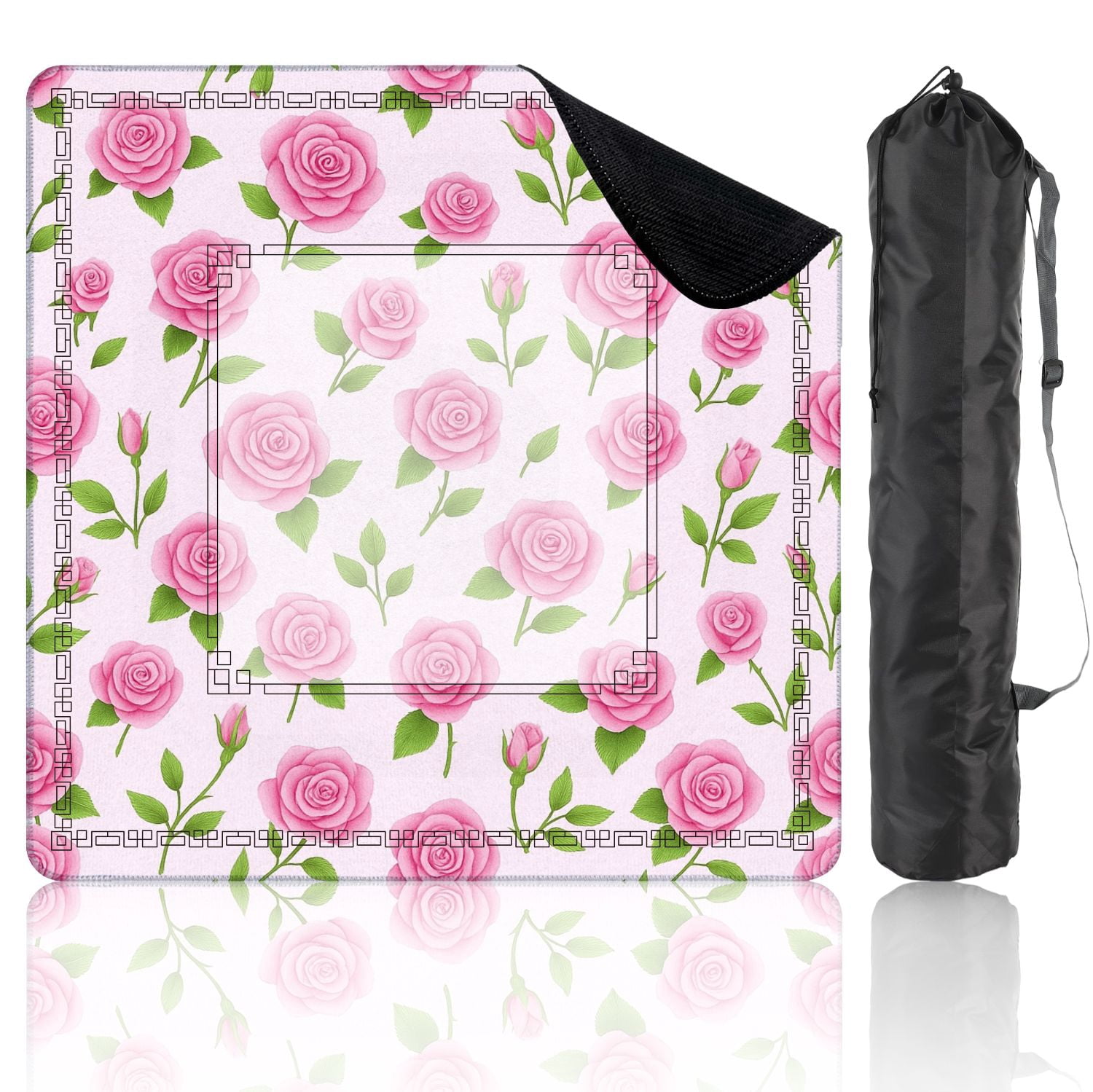 Mahjong Mat 31.5" x 31.5" Seamless Pink Rose Flower Green Leaves Light Non-Slip Noise Reduction American Mahjong Tiles Table Cover for Dominoes Poker Card Board Games Gift