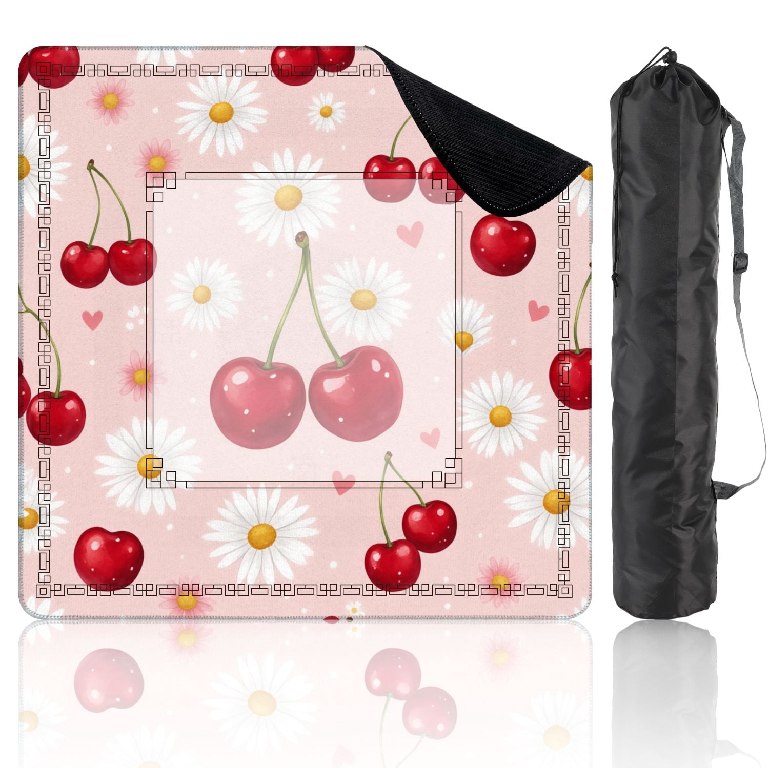 Mahjong Mat 31.5" x 31.5" Seamless Red Cherries White Daisies Pink Non-Slip Noise Reduction American Mahjong Tiles Table Cover for Dominoes Poker Card Board Games Gift