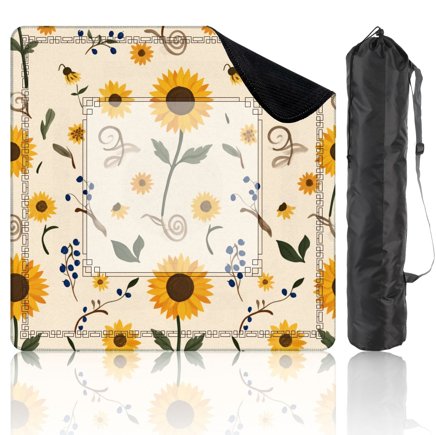 Mahjong Mat 31.5" x 31.5" Seamless Sunflowers Yellow Petals Green Leaves Beige Non-Slip Noise Reduction American Mahjong Tiles Table Cover for Dominoes Poker Card Board Games Gift