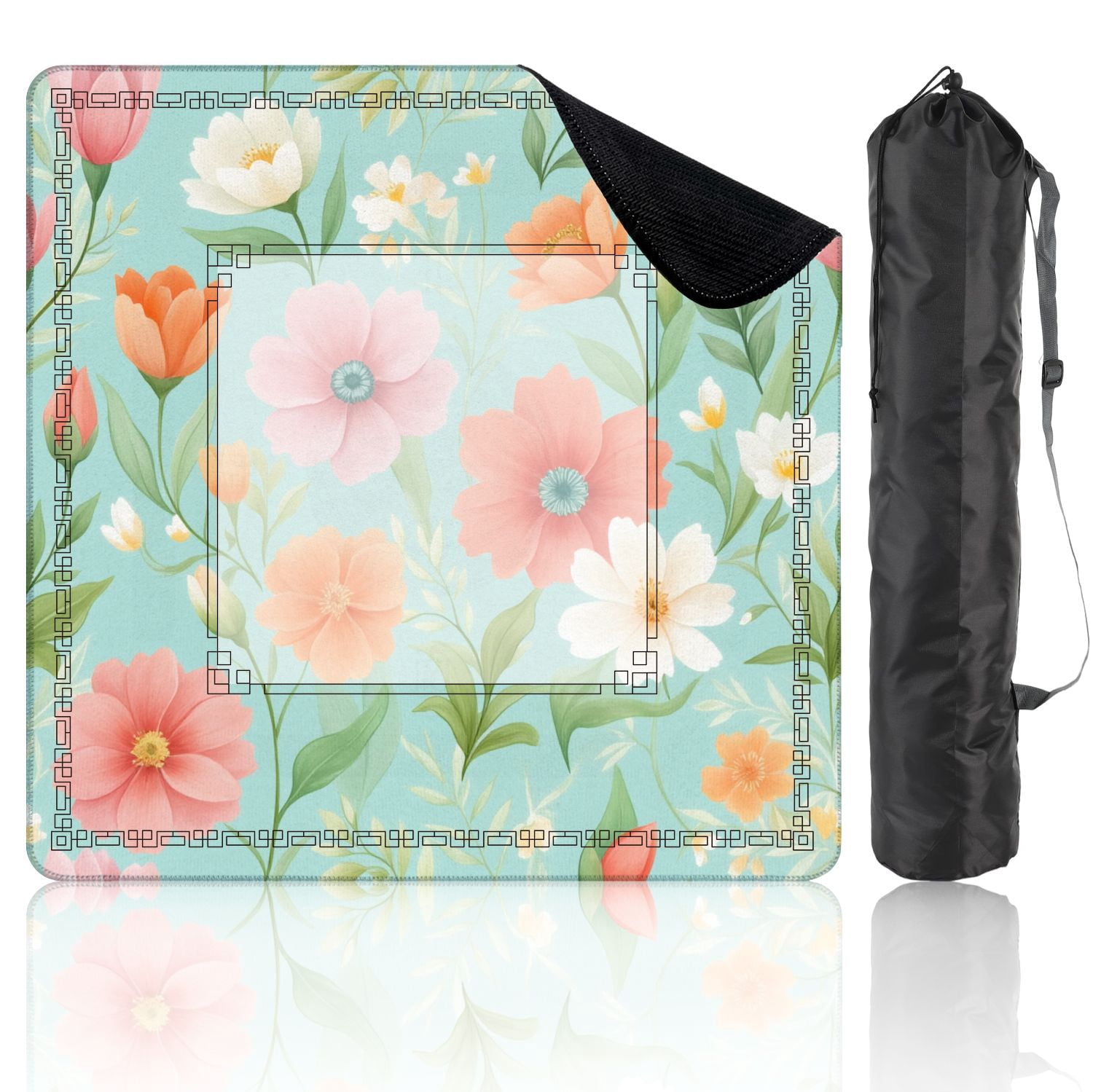 Mahjong Mat 31.5" x 31.5" Seamless Watercolor Floral Pastel Flowers Turquoise Non-Slip Noise Reduction American Mahjong Tiles Table Cover for Dominoes Poker Card Board Games Gift