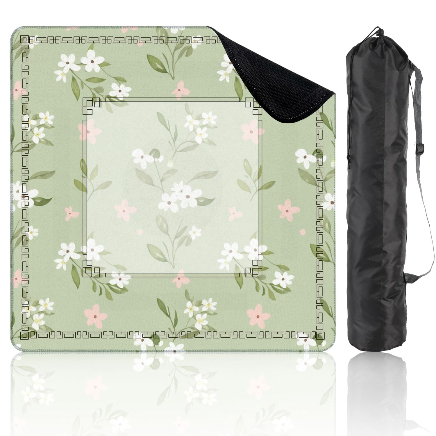 Mahjong Mat 31.5" x 31.5" Seamless Watercolor Floral White Blossoms Green Non-Slip Noise Reduction American Mahjong Tiles Table Cover for Dominoes Poker Card Board Games Gift