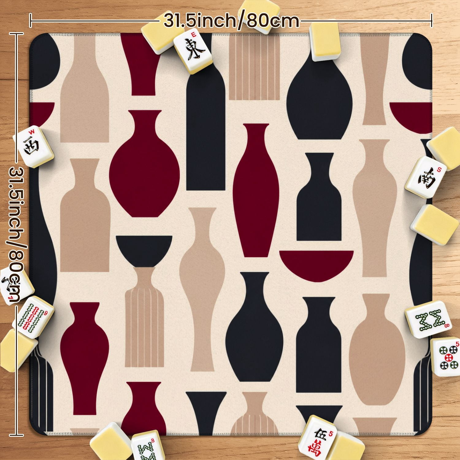 Mahjong Mat 31.5" x 31.5" Seamless Wine Bottles Burgundy Black Cream Colors Non-Slip Noise Reduction American Mahjong Tiles Table Cover for Dominoes Poker Card Board Games Gift