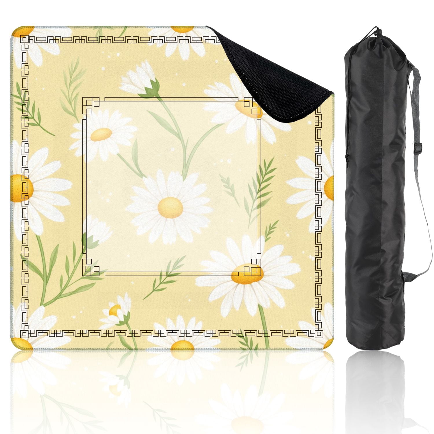 Mahjong Mat 31.5" x 31.5" Seamless Yellow White Daisies Green Leaves Non-Slip Noise Reduction American Mahjong Tiles Table Cover for Dominoes Poker Card Board Games Gift