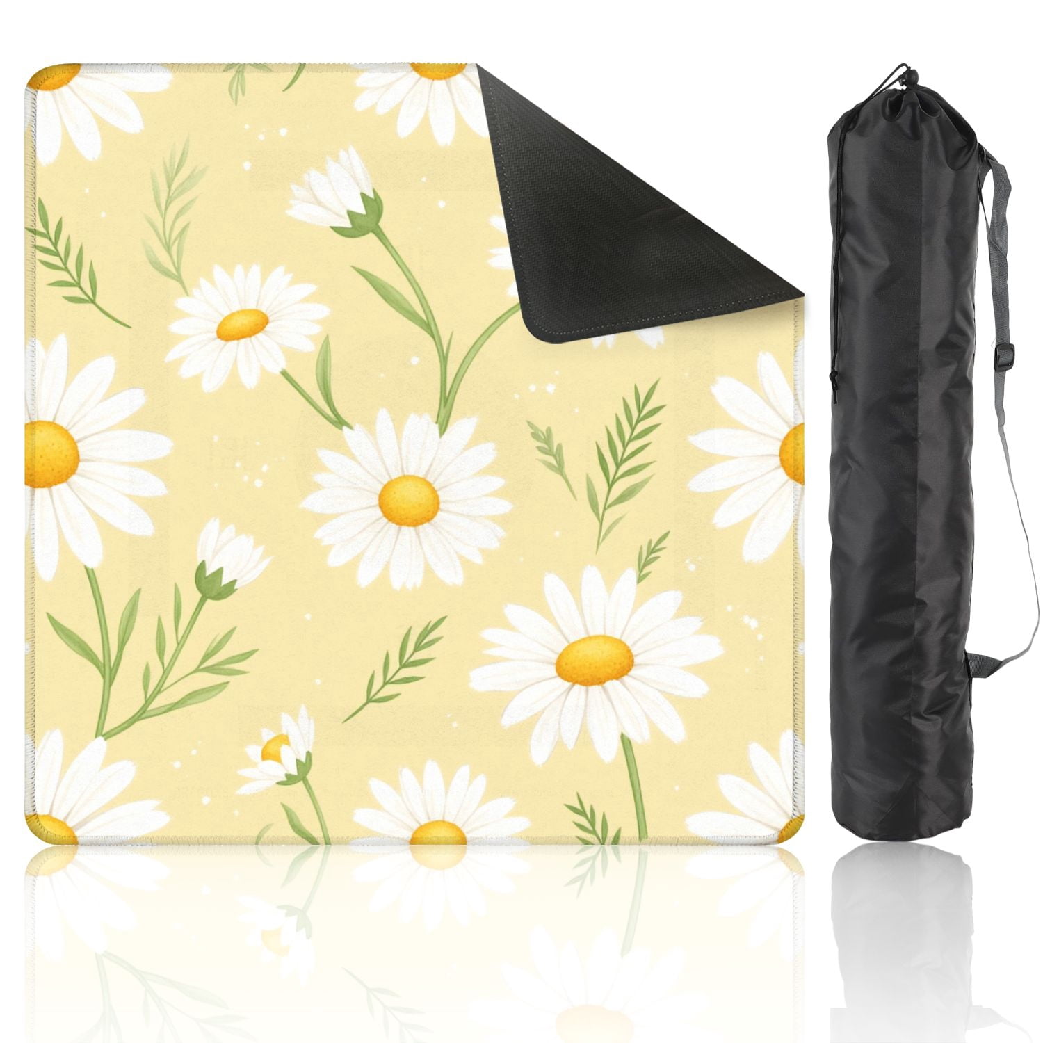 Mahjong Mat 31.5" x 31.5" Seamless Yellow White Daisies Green Leaves Non-Slip Noise Reduction American Mahjong Tiles Table Cover for Dominoes Poker Card Board Games Gift