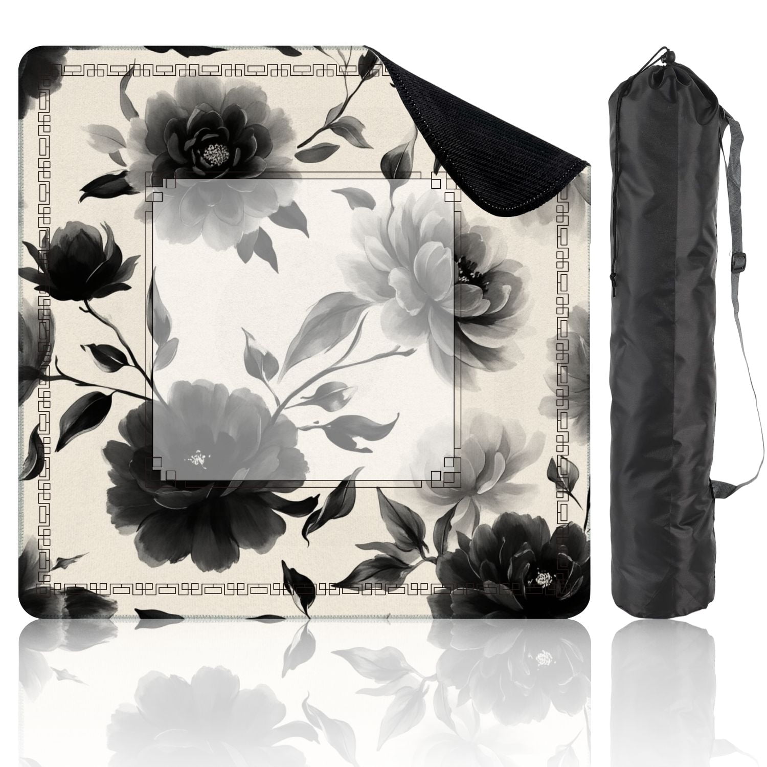 Mahjong Mat 31.5" x 31.5" Seamless black white flowers Hand draw abstract floral Non-Slip Noise Reduction American Mahjong Tiles Table Cover for Dominoes Poker Card Board Games Gift