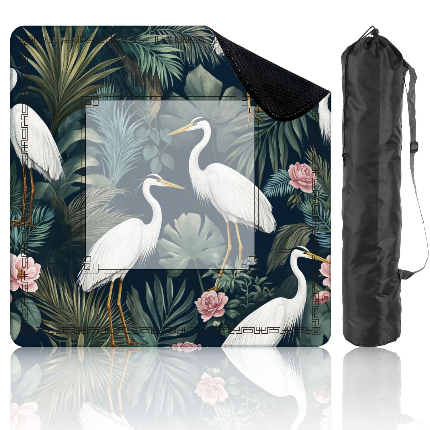 Mahjong Mat 31.5" x 31.5" Seamless chinoiserie style herons birds peonies Non-Slip Noise Reduction American Mahjong Tiles Table Cover for Dominoes Poker Card Board Games Gift
