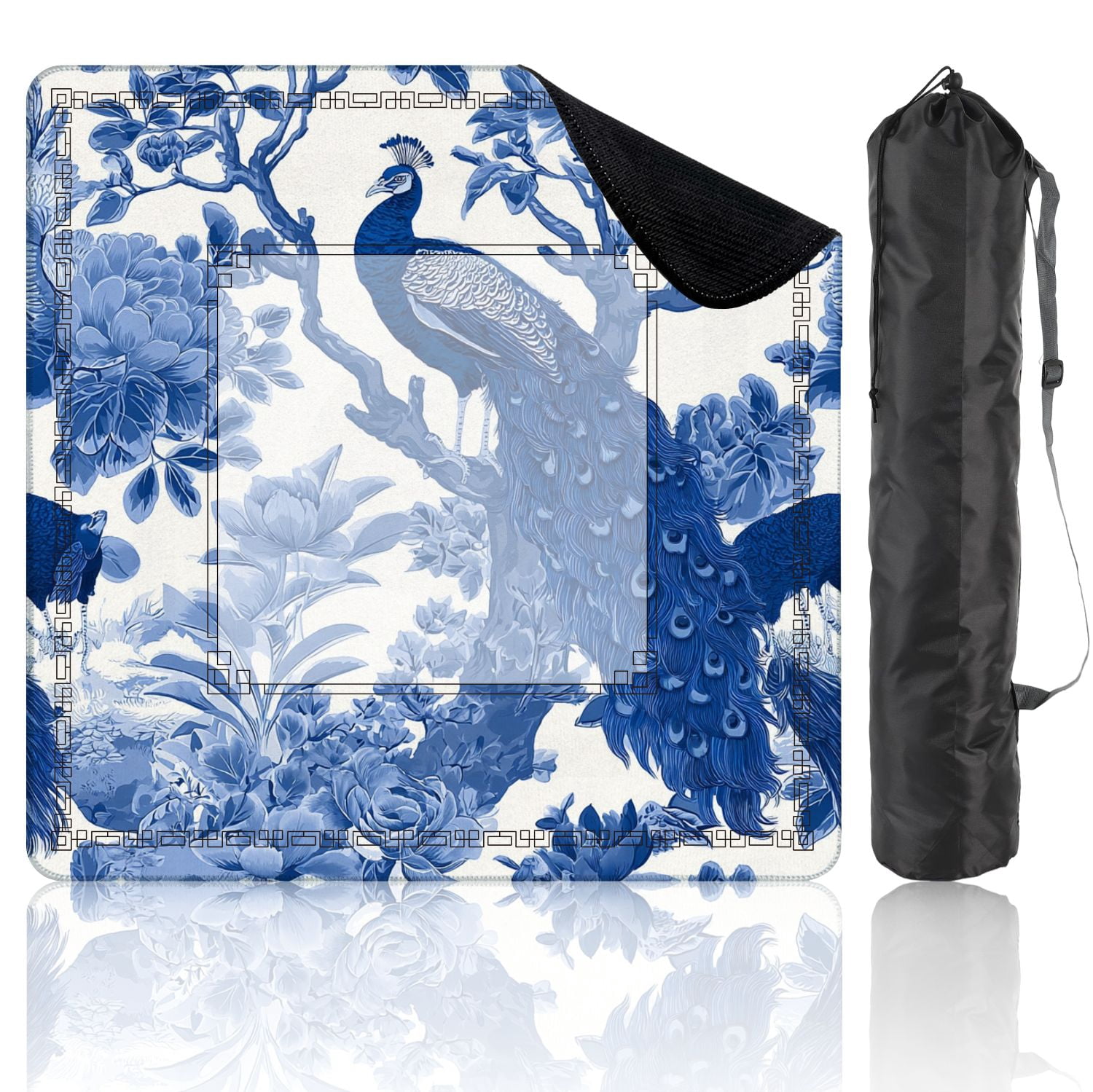 Mahjong Mat 31.5" x 31.5" Seamless chinoiserie style peacock birds peonies Non-Slip Noise Reduction American Mahjong Tiles Table Cover for Dominoes Poker Card Board Games Gift