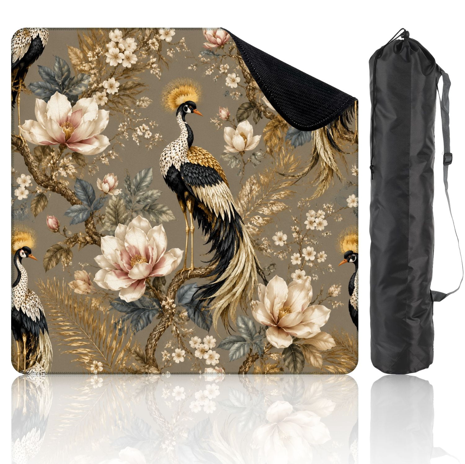Mahjong Mat 31.5" x 31.5" Seamless golden pheasants birds flowers Japanese textile embroidery Non-Slip Neoprene Cover, Noise-Dampening Tile Game Mat for American Mahjong