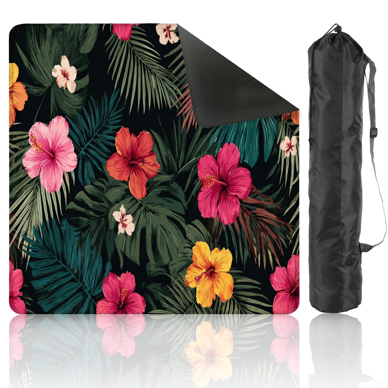 Mahjong Mat 31.5" x 31.5" Seamless hand drawn tropical bright hibiscus Non-Slip Noise Reduction American Mahjong Tiles Table Cover for Dominoes Poker Card Board Games Gift